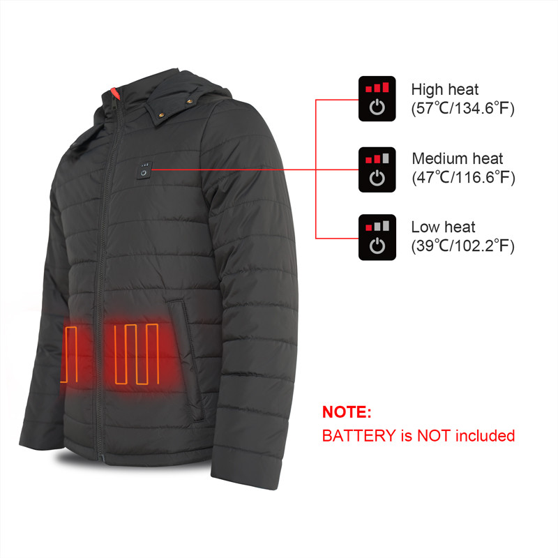 men women black customized winter outwear coats hooded heated jacket 5V battery USB power bank heated hoodie coat jacket