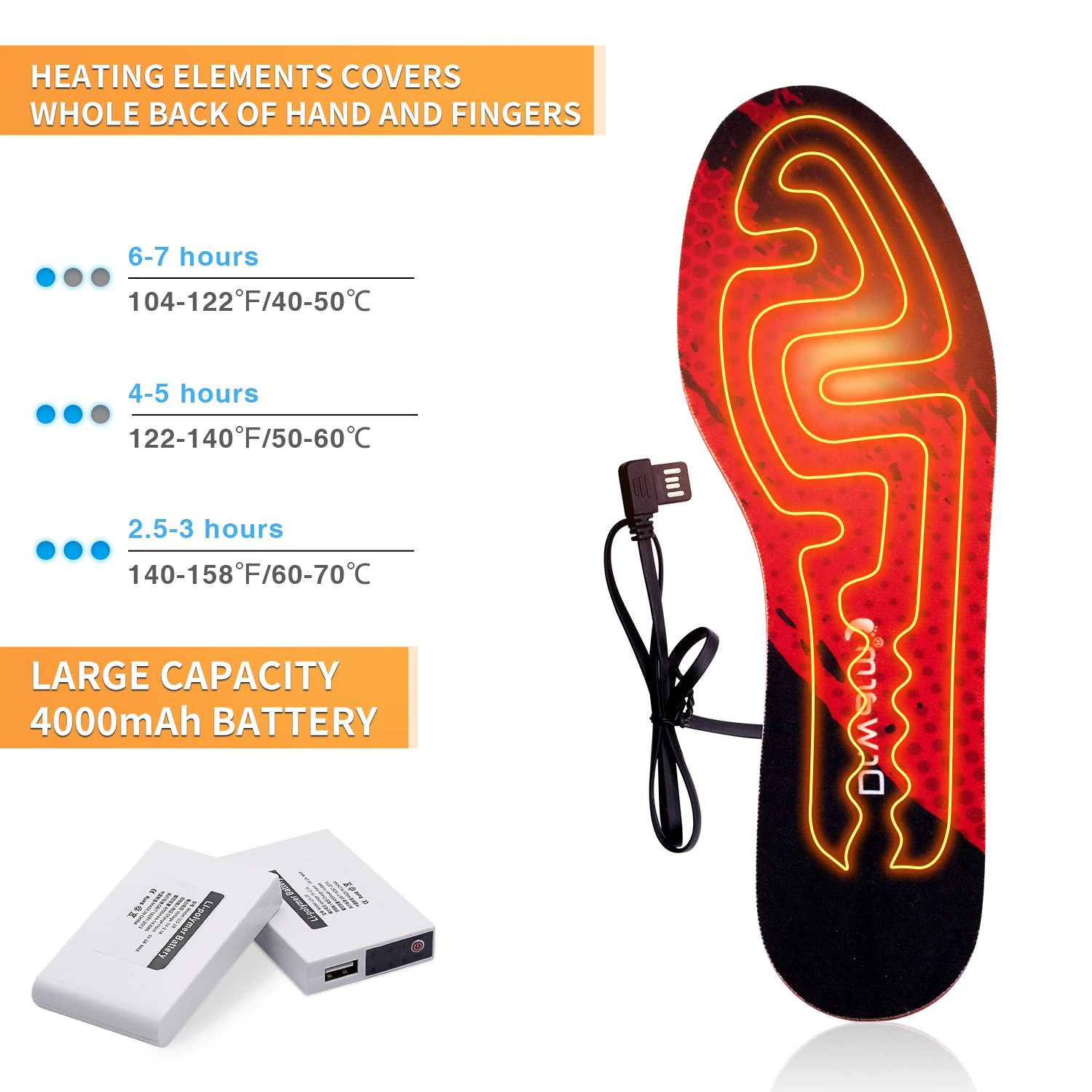 Dr. Warm rechargeable heated insoles for work boots fit to most shoes for indoor use